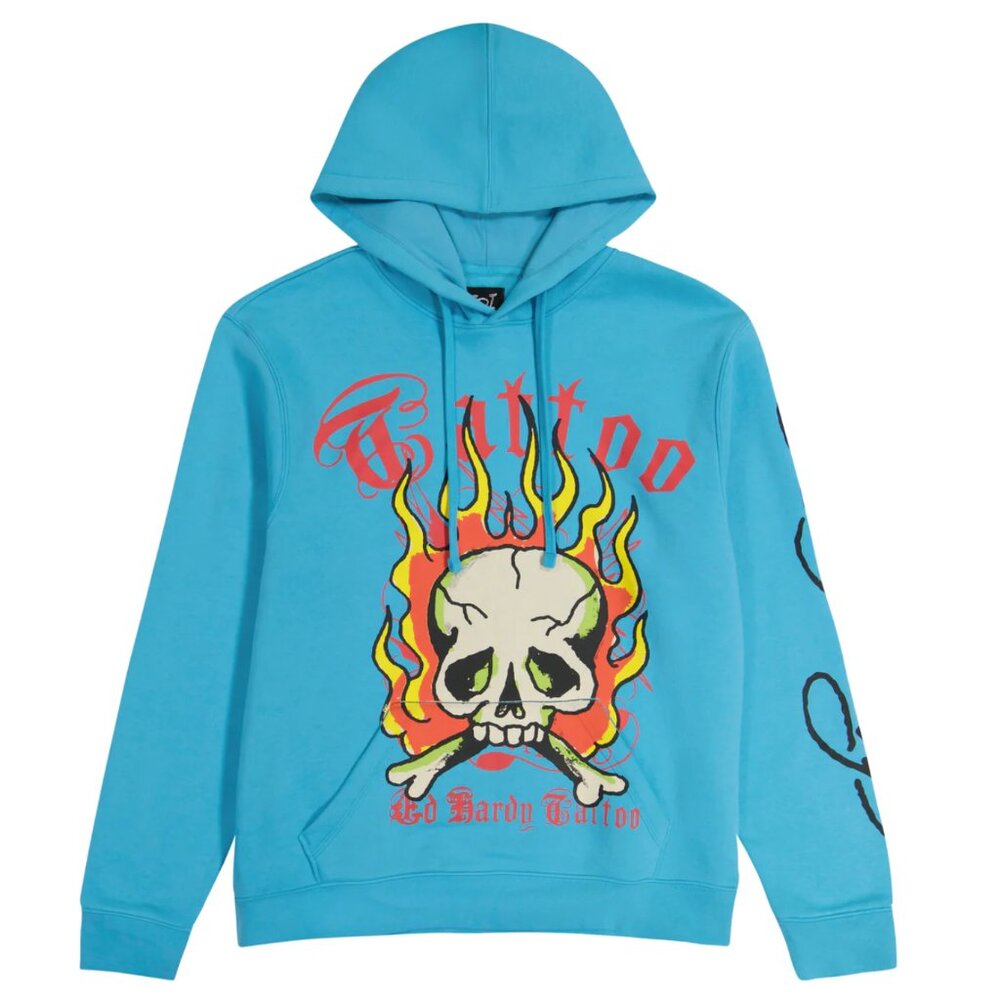 Ed Hardy Men's Hoodie Blue Skull Flames Size Small NWT